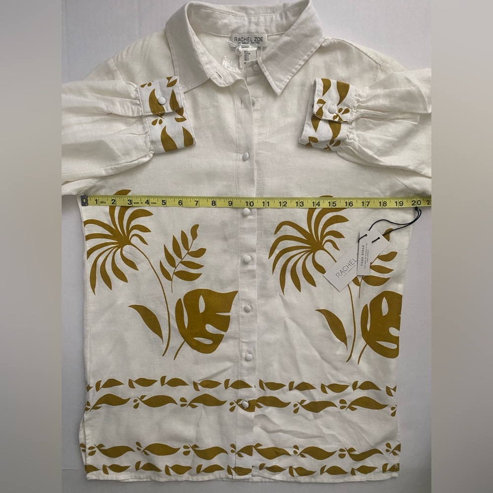 Rachel Zoe White Button-Up Shirt Gold Palm Leaf Print Size S NWT Linen Blend - Picture 11 of 12